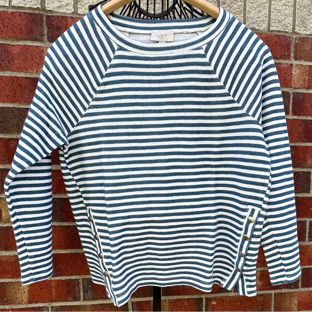 LOFT Pullover Top Tunic Coastal Stripe 3/4 Sleeve Beach Vacation Travel Casual